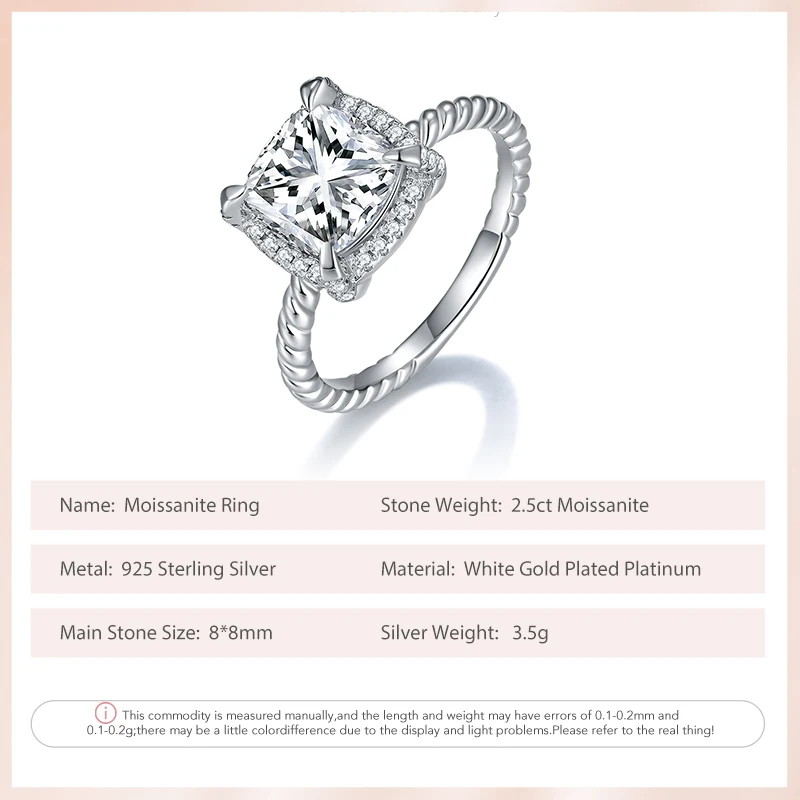 KEEP YES 2.5ct 8*8MM Real Cushion Cut Full Moissanite Wedding Ring for Women 925 Sterling Silver Engagement Band Fine Jewelry