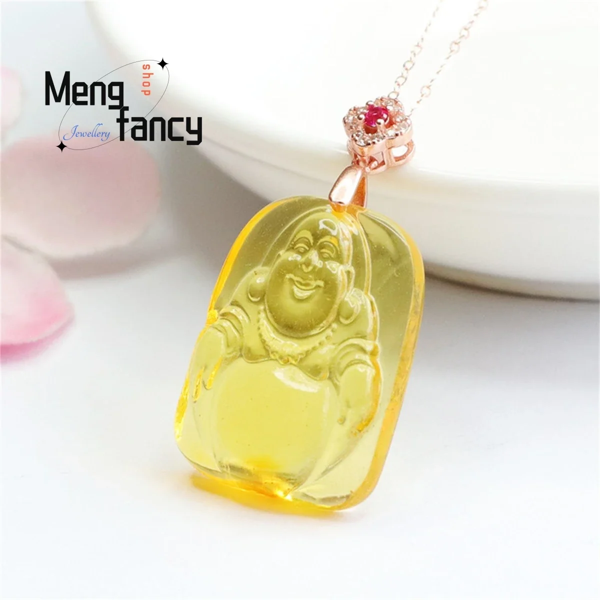 Natural S925 Silver Inlaid Golden Amber Buddha Maitreya Square Pendant Simple Generous Personality Charm Fashion Men Women Gift