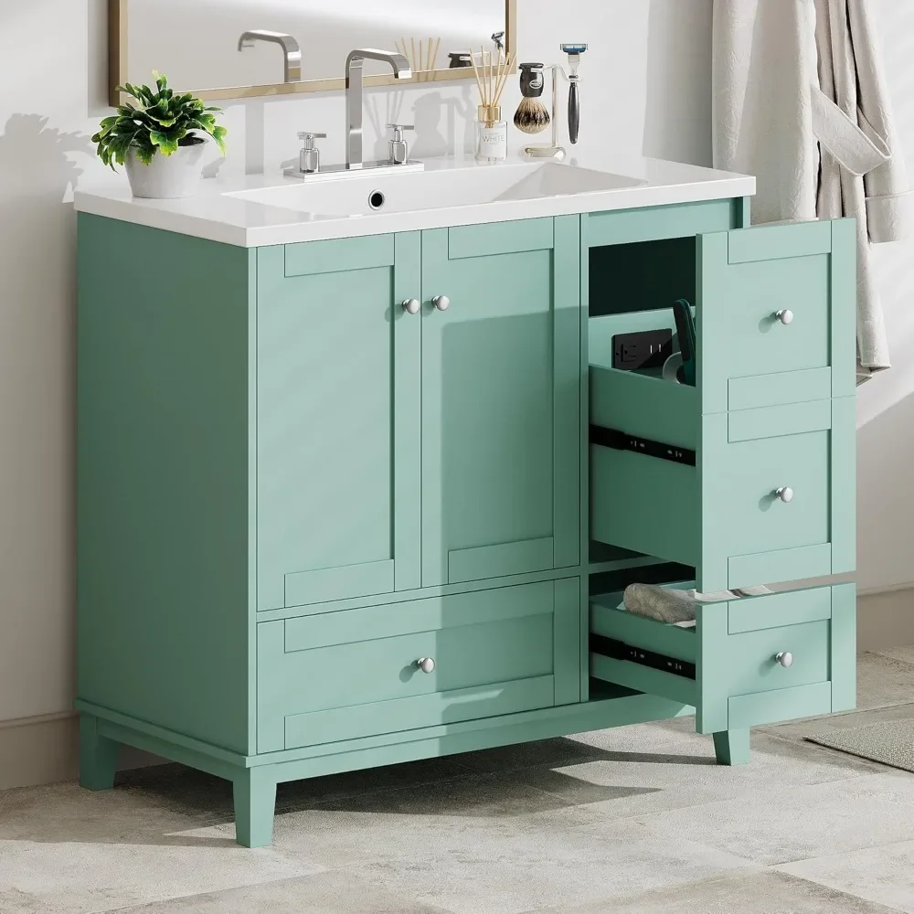 36" Modern  with USB Charging, Two Doors and Three Drawers , Small Bathroom Vanity Cabinet with Single Sink, Green