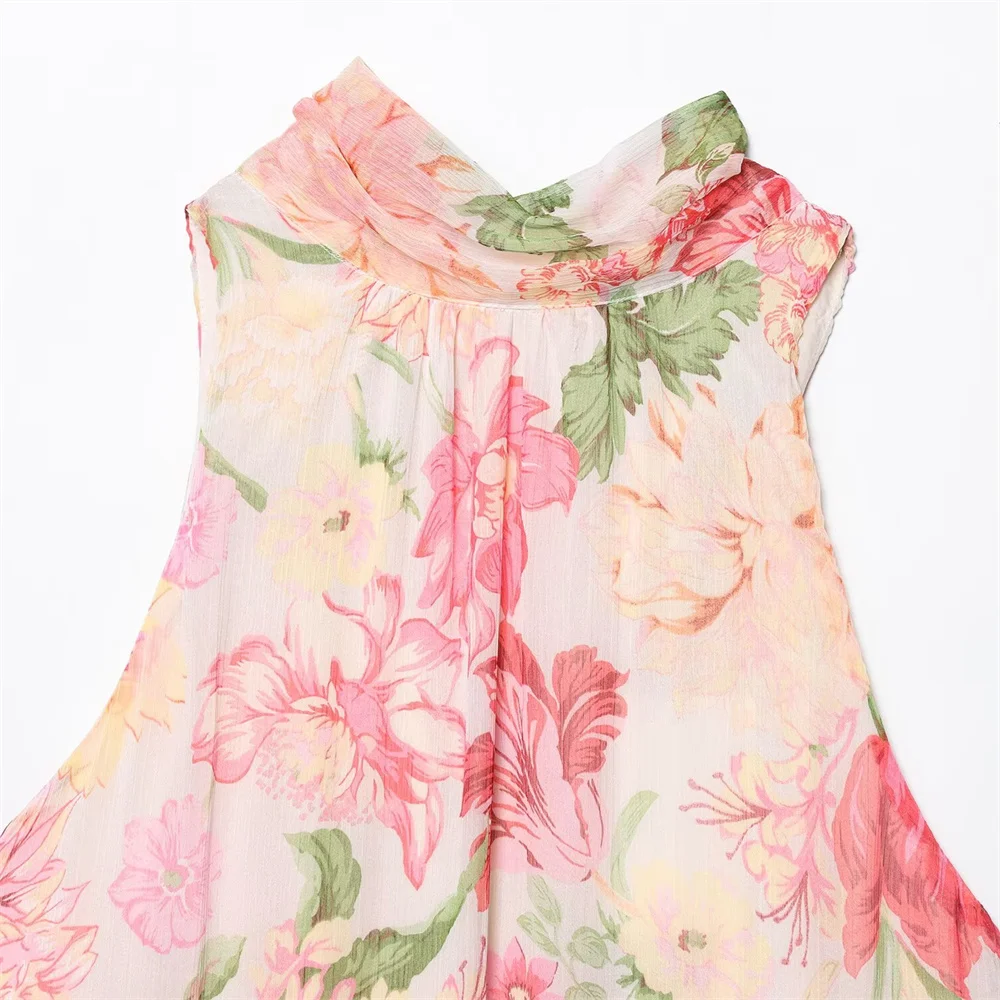 Verão feminino novo fino ajuste cinto em camadas impressão decorativa gola sem mangas vestido longo