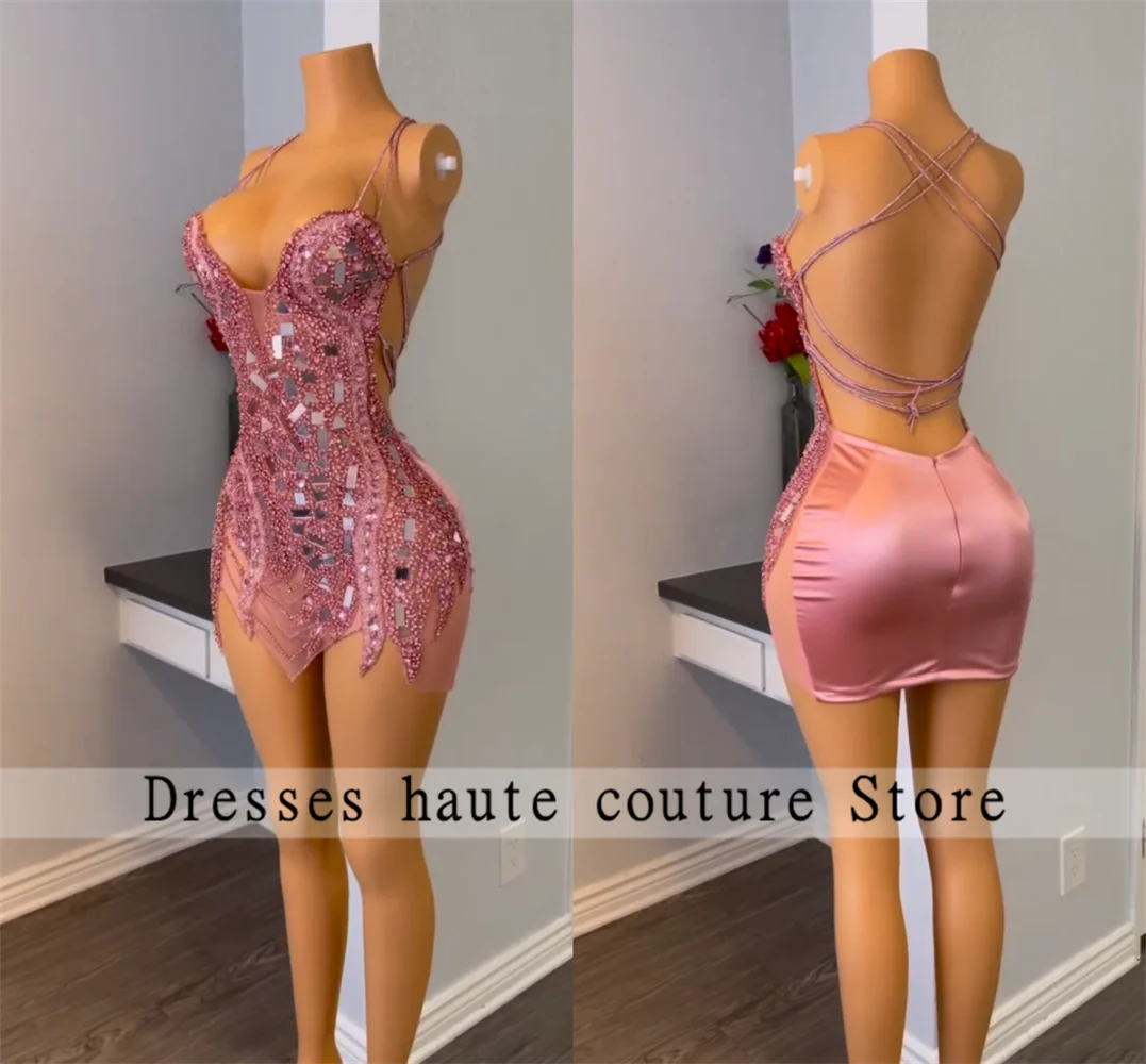 

pink Sequins Halter Short Prom Dresses For Black Girls 2024 Sexy Crystals Mini Cocktail Dresses Birthday Party Gown