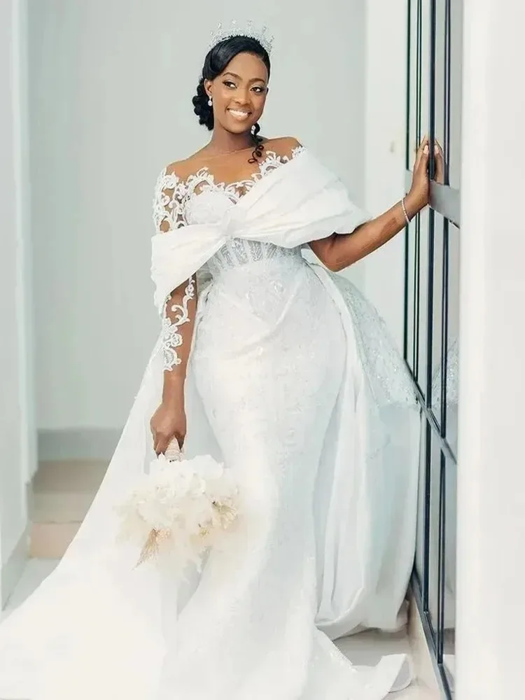 Customized New Shinny Appliques Bead Wedding Dress For Bride Robe De Mariée Long Sleeves Bridal Gown with Removable Skirt