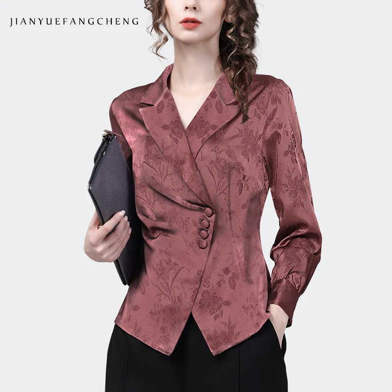 Vintage Jacquard Women Suit Collar Floral Shirt 2023 Autumn New Long Sleeve Elegant Slim Button-down Tops Fashion Office Blouses