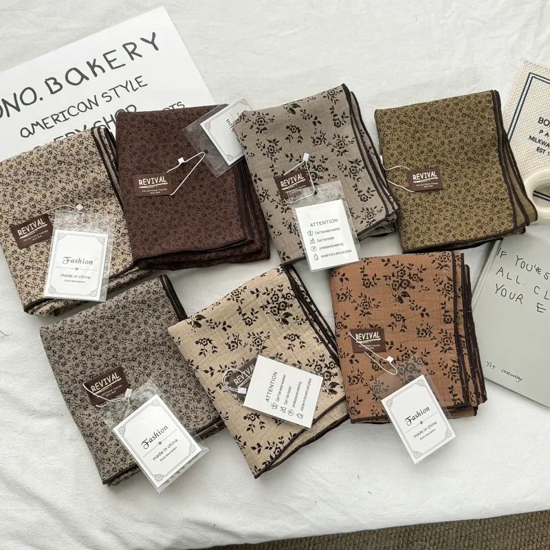 

Маленький шарф из чистого хлопка с цветочным принтом в стиле Майяра, женский весенний универсальный шарф в корейском стиле для защиты шеи, стильный шарф