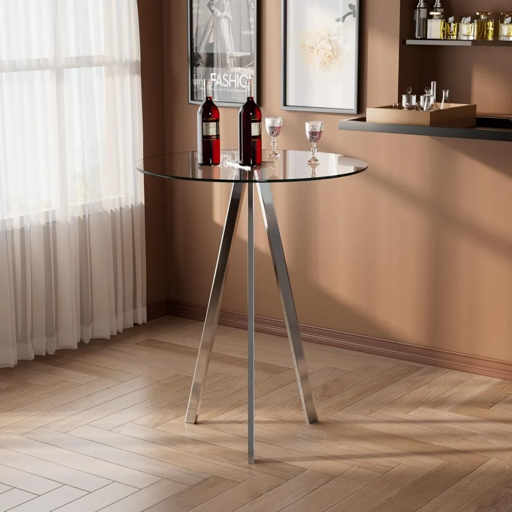Round Bar Table, 37.4 Inches High; 31-inch Cocktail Table; Metal Base with Glass Top