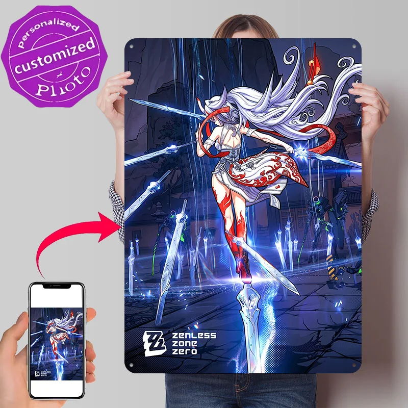 Zenless Zone Zero Anime Character With Swords Personalized 3D Textured Metal Poster Wall Art Vintage Tin Signs for Room Decor
