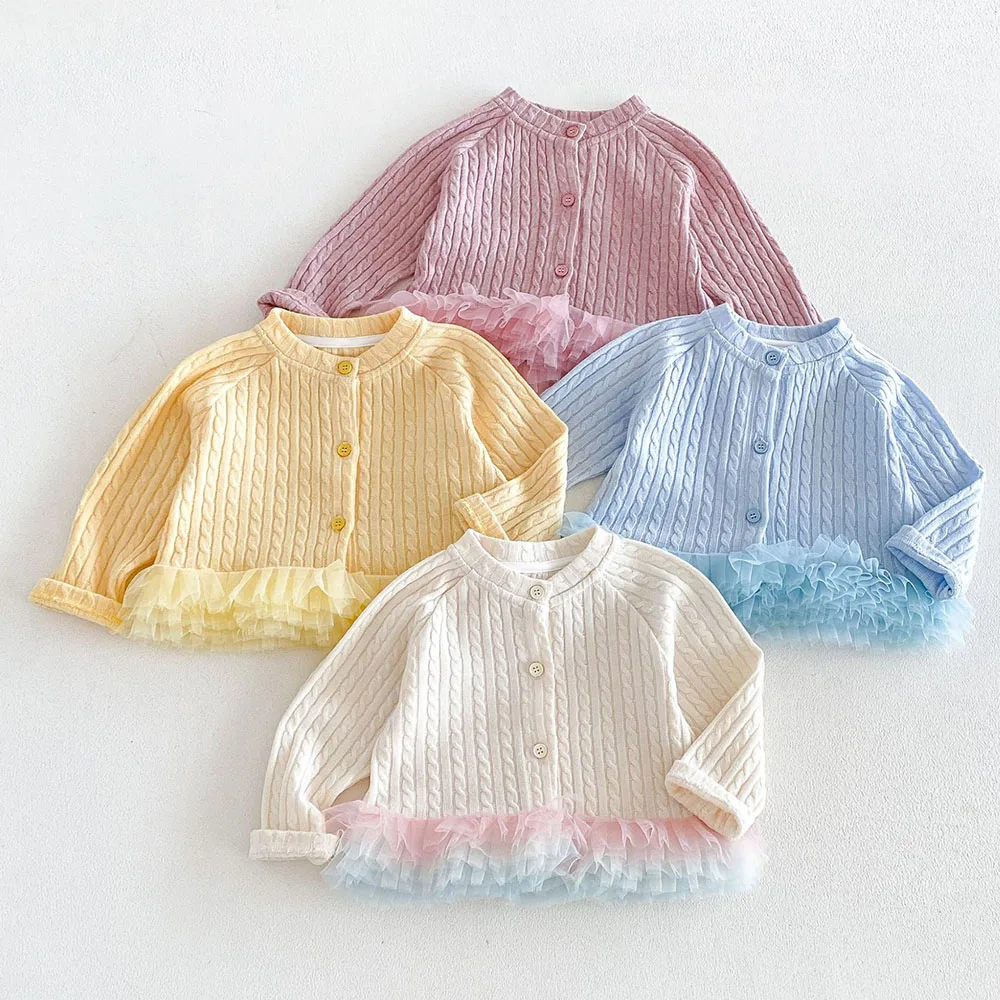 Toddler Girl Sweater Solid Color Knitted Mesh Patchwork Spring Autumn Little Kids Cardigan Fashion Children Clothing 1-6Years