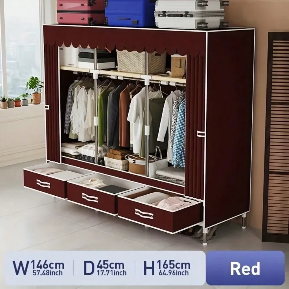 

Color Simple Fabric Armoire Wardrobe, 59.06inch HighQuality Feel With Drawers For Home Storage, Full Steel Frame Reinforcement,