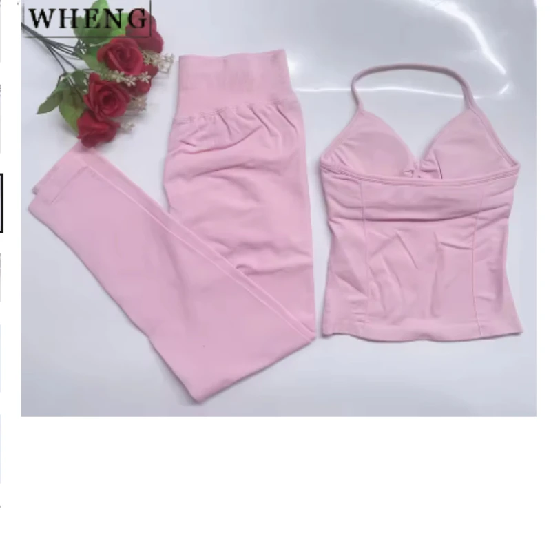 

2-Piece Yoga Set Ladies Gym Training Leggings and Neck Tank Yoga Fitness Seamless Set Pilates Clothes Workout Sportswear