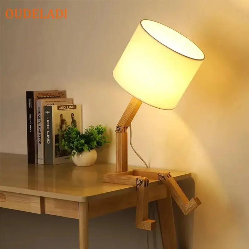 robo candeeiro de mesa de madeira decoracao de mesa luz noturna moderna luminarias de arte pano estudo de salao e quarto e14 01