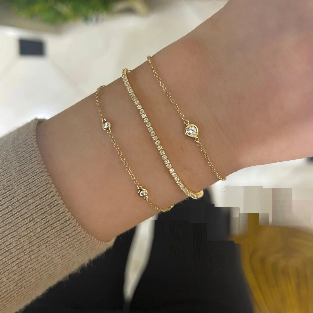100% 925 Sterling Silver Delicate Dainty Shiny CZ Station Chain Simple Necklace Bracelet Fine Women Jewelry Set