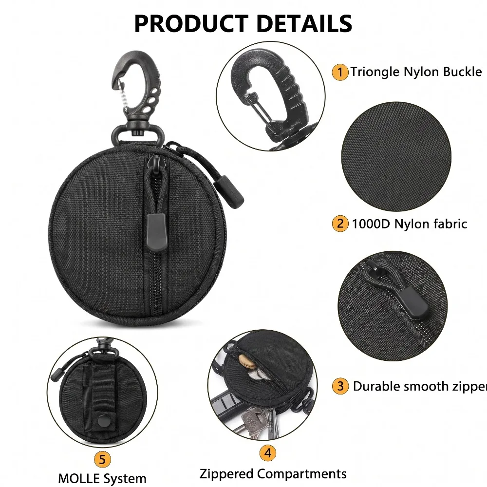 1000D Taktische Runde MOLLE EDC-Tasche Bruchsichere Hartschalen-Tasche, 360 ° Drehbarer Karabinerhaken für Ohrhörer, Schlüssel, Camping und Outdoor-Aktivitäten – Detail 3