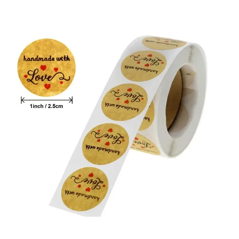 500pcs Roll Kraft paper handmade with love Handwritten sealing sticker Gift Supplies Decoration Sticker for Package DIY 1 inch