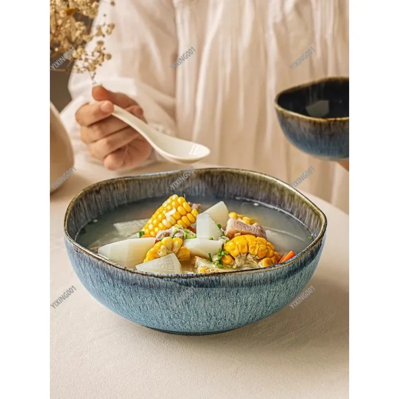 Deepened Large Ceramic Soup Bowl - Irregular Stylish Household Bowl for Boiled Fish