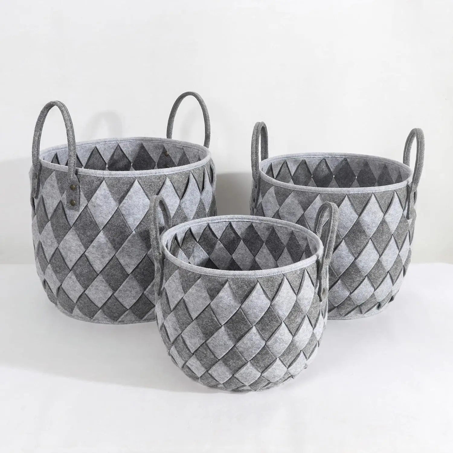 

Handwoven Felt Basket Storage With Carry Handles Set Of 3 Sizes Grey Modern Contemporary Wool Adjustable Shelving