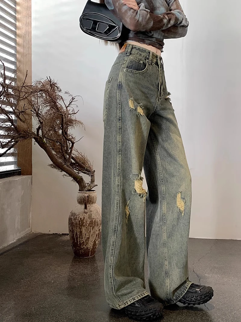 

High Waist Wide Leg Jeans Women's plus Size Vintage Ripped Denim Pants Pear Shape Body High Waist Loose Straight Leg Floor-Le...