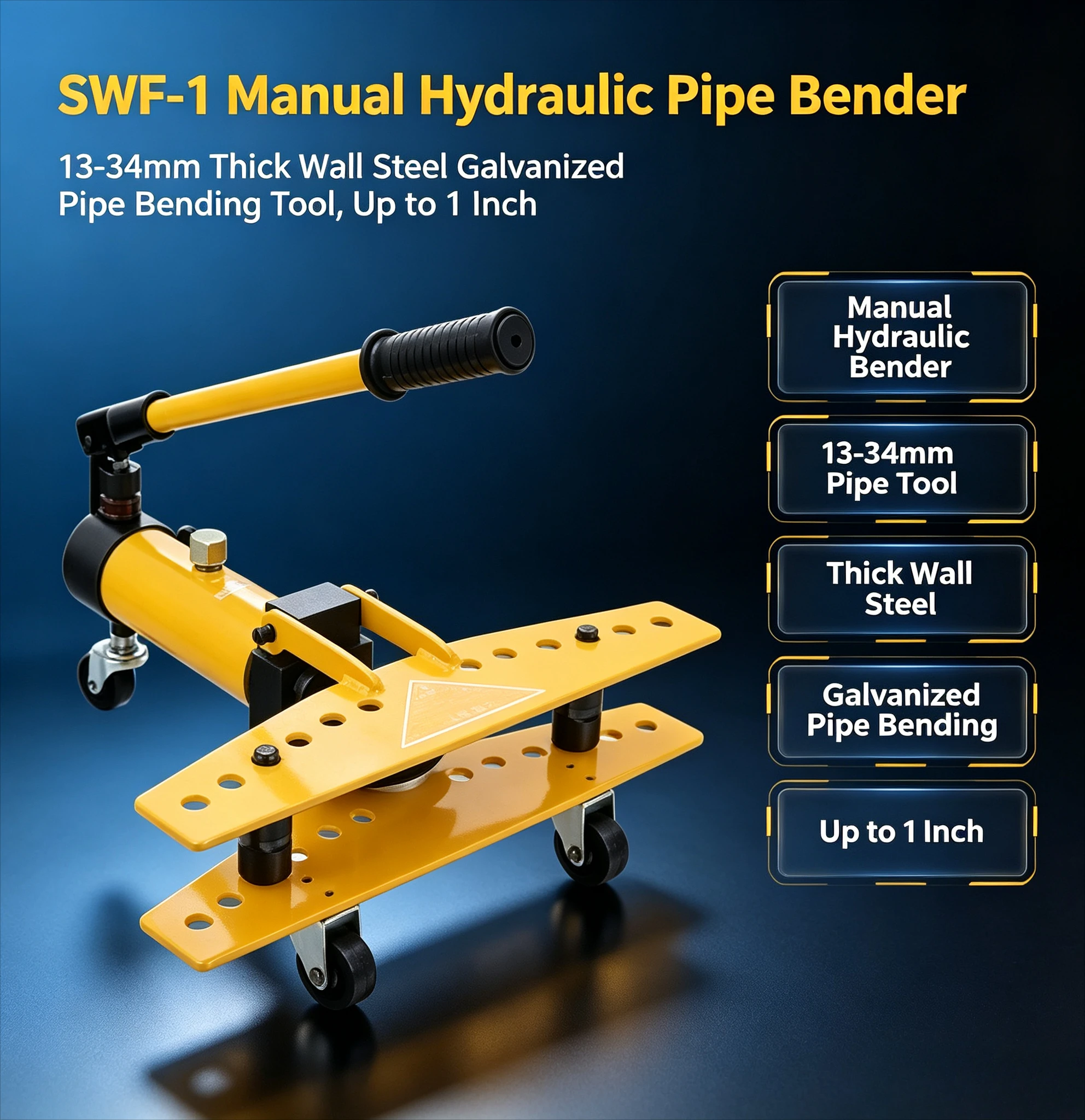 SWG-1 Manual Hydraulic Pipe Bender, 13-34mm Thick Wall Steel Galvanized Pipe Bending Tool, Up to 1 Inch