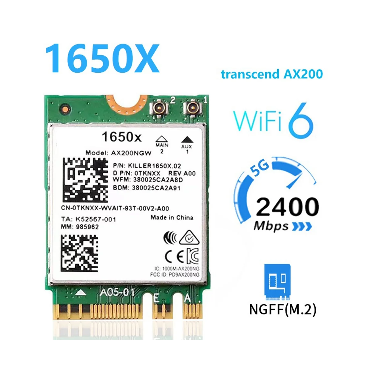 Carte réseau sans fil pour Intel 1650X, AX200, AX200NGW, 3000Mbps, 2.4G, 5G, WiFi, 6 + BT, 5.1 Gigabit, prend en charge Win11