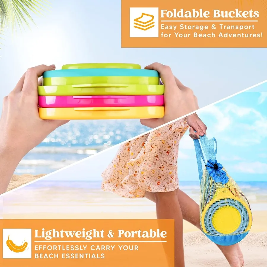 Packs Cubo plegable con palas y bolsa de malla, cubos plegables multiusos para playa, equipo de camping, fiesta en la playa, peces