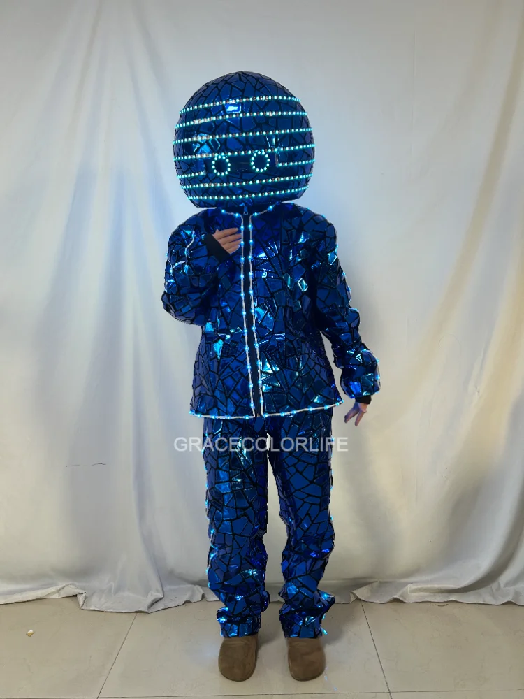Men's LED Light up Helmet And Jacket Set Cyberpunk Costume Glowing Disco Suit for Halloween Party Nightclub Performance Rave Wea
