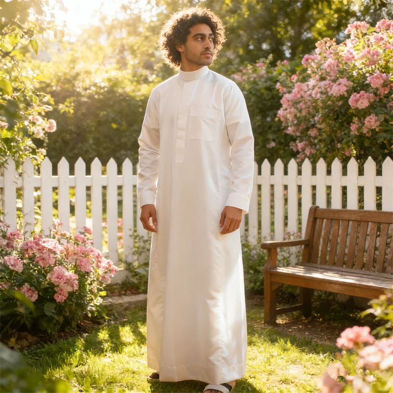 

Men Robe Pocket Dubai Abaya Arab Middle East Qatar Collar Muslim Prayer Dress Jubba Thobe Kaftan Daffah Dishdasha Islam Clothing