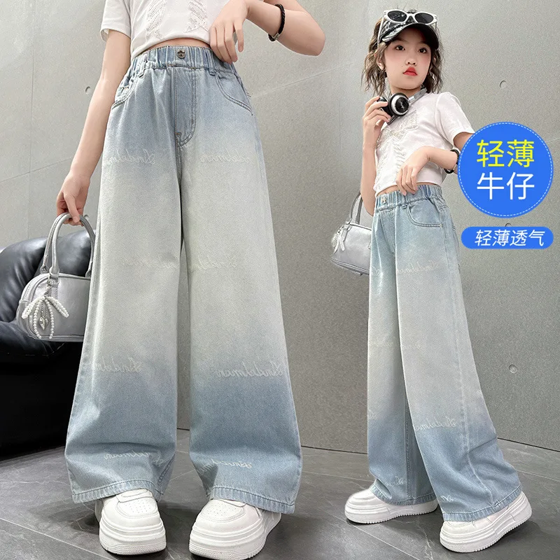 Girls' Summer Straight Tube Thin Gradient Jeans with Letter Print Children's Wide-leg Denim Pants for Kids Casual Loose Trousers