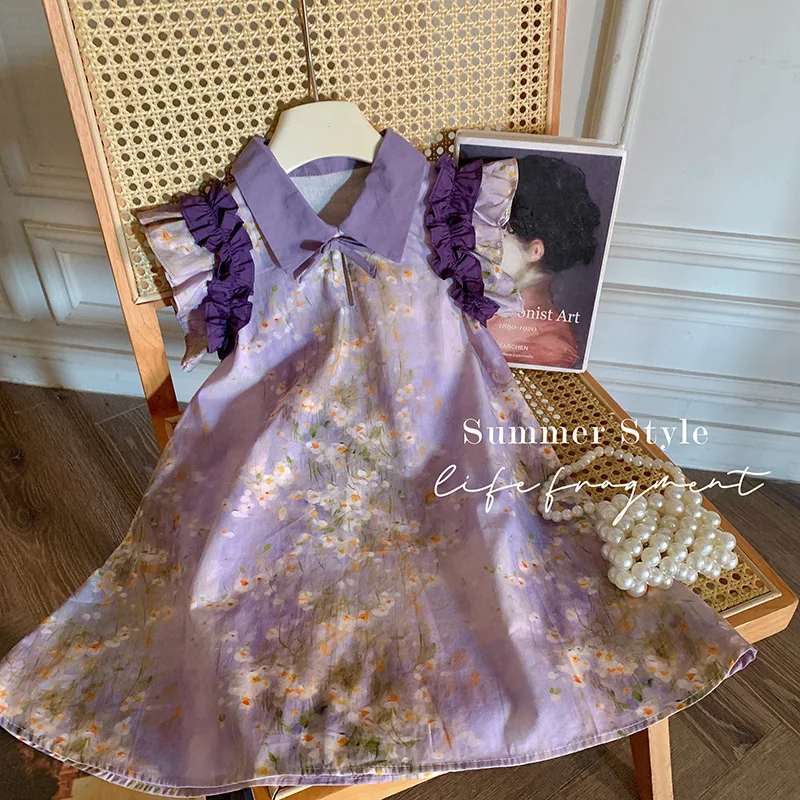 Girls' Summer Dress2024New Girls' Summer Girls' Purple Princess Dress Children's Clothing Children's Skirt Summer