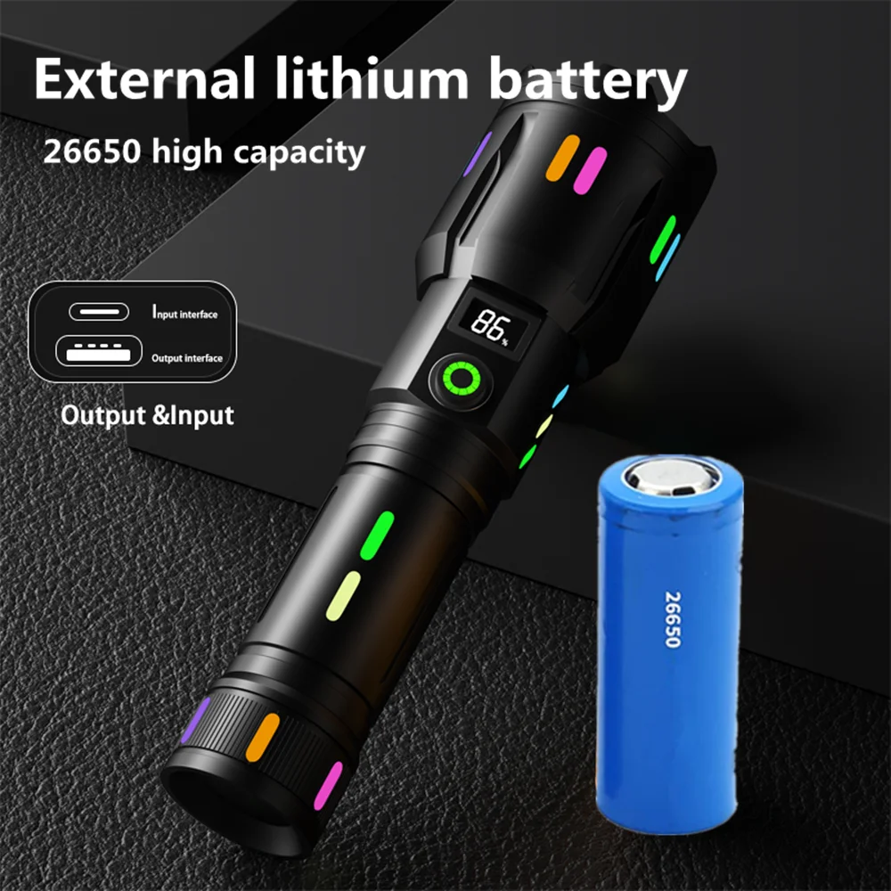 High Power Spotlight Long Range LED Flashlight With Luminous StripsTail Glass breaker Zoomable Torch For Camping Emergency