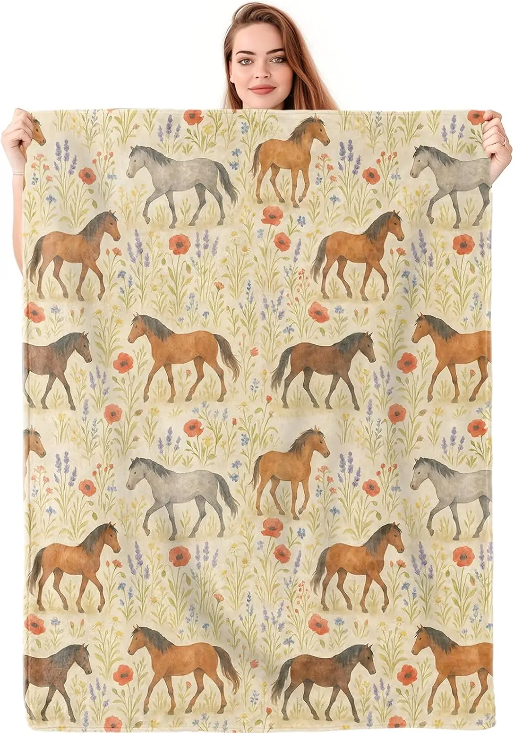 Boho Horse Floral Tapestry Wall Hanging Throw Blanket Spring Decor Equestrian Pattern Boho Style Living Room Accent Home Decor