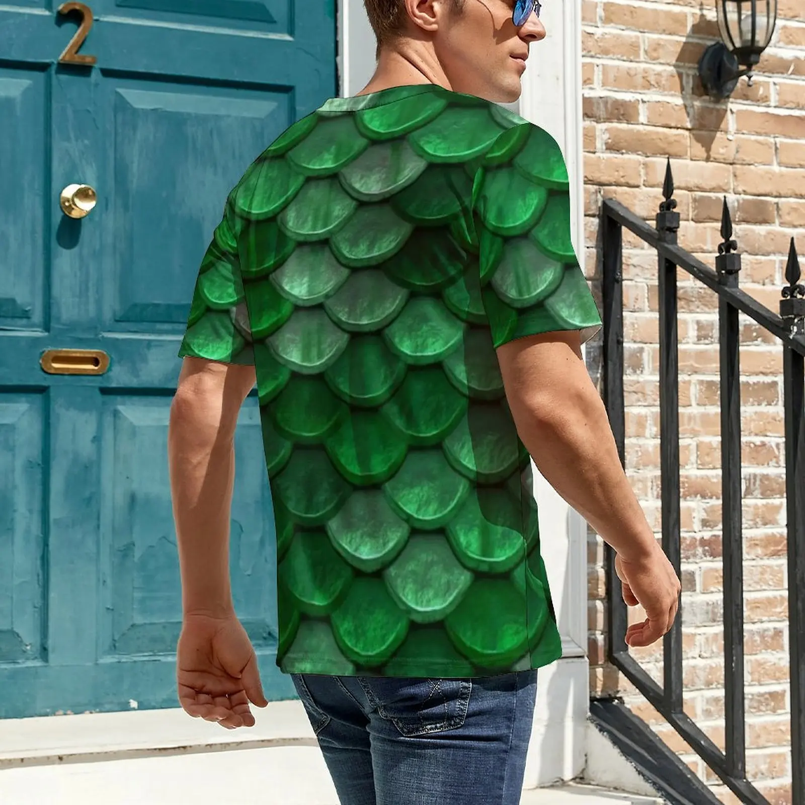 Green Metallic T Shirt Colorful Fish Scales Retro T-Shirts Mens Street Style Tshirt Summer Short Sleeve Pattern Clothes Big Size