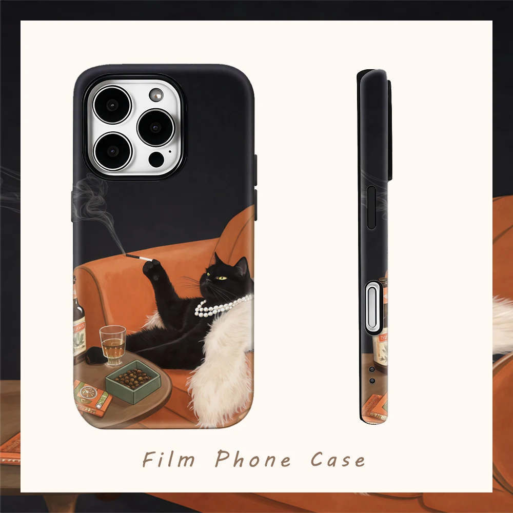 Raffinierte Katzen-Lounge-Handyhülle für iPhone 17/16E/16/15/14/13/12/11/18 Pro Max Plus – Doppellagige Rückseiten-Schutzhülle