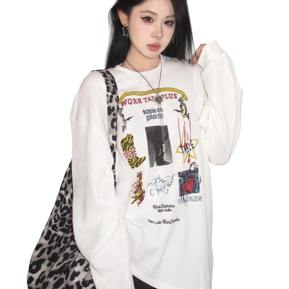 Women's Sweater Waffle Graffiti Print Tops for Woman 2026 Spring Woman Sweatshirts Harajuku Long Sleeve Unisex T Shirt Couples