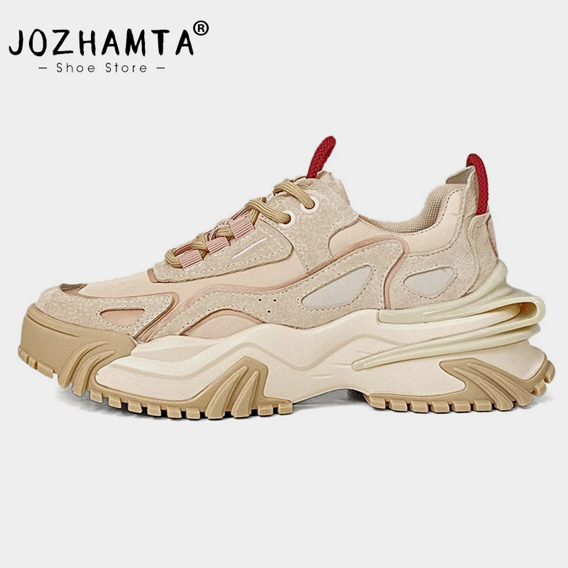 JOZHAMTA Size 35-40 Casual Sneakers Real Leather High Heels Shoes For Women Summer 2023 Fashion Platform Pumps Chunky Tennis