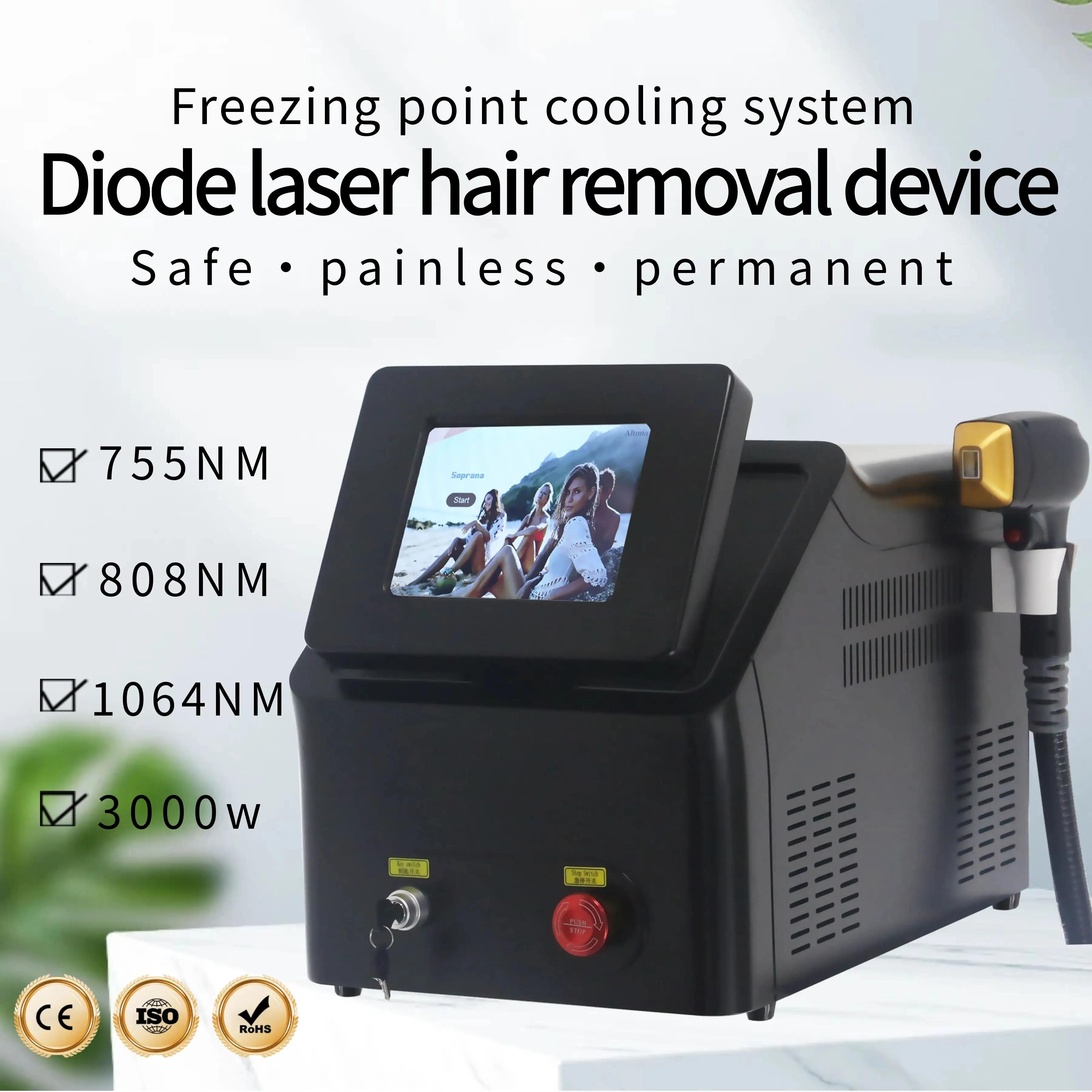 Diode Hair Removal Device Smart 3 Wavelengths  808nm 755nm 1064nm Freezing Point Cooling System Restore Silky Smooth Skin