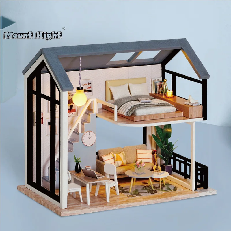 DIY Mini Dollhouse Kit with Dust Cover Wooden Miniatures Furniture Kit Dollhouse Accessories Kids Toy Christmas Birthday Gift