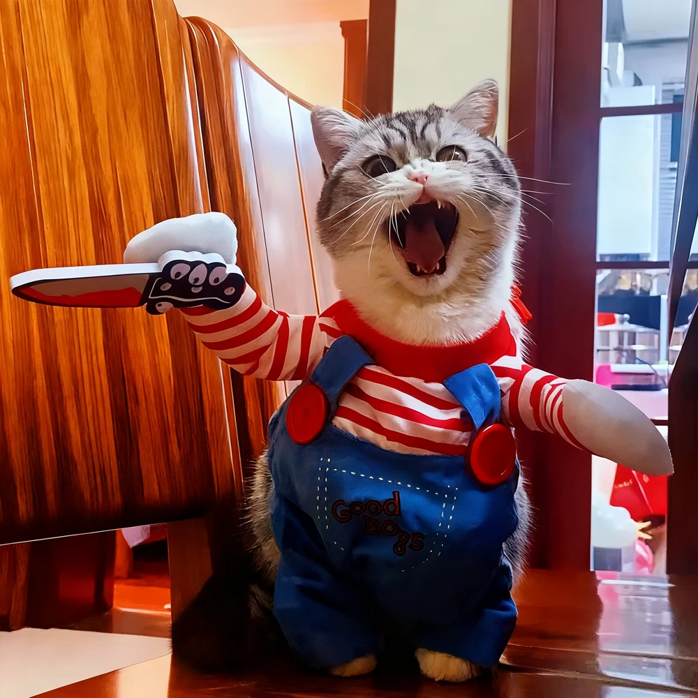 Divertido disfraz de cuchillo, traje de transformación para mascotas, linda ropa de otoño para perros con diseño de asesino para fotos y fiestas Ins