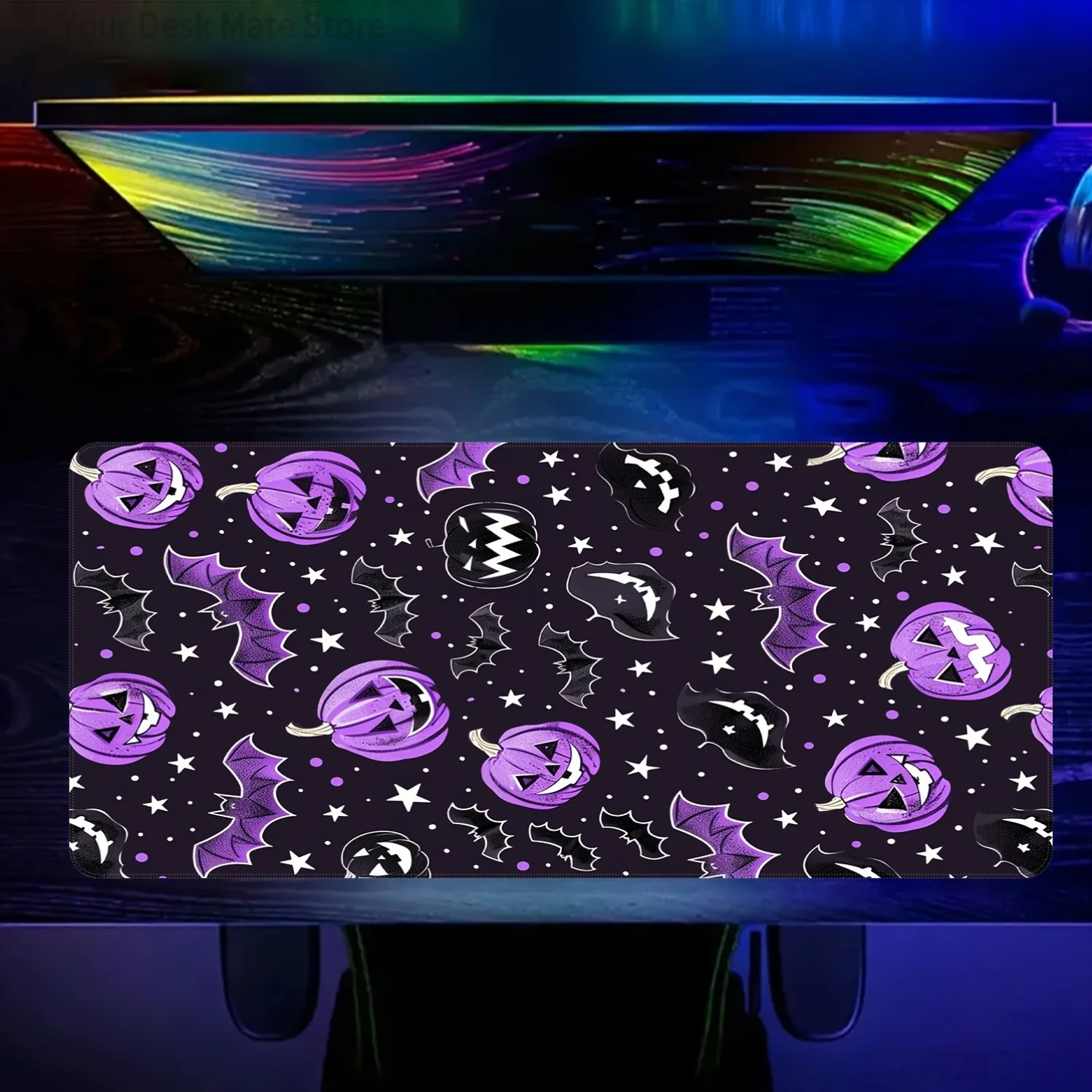 Cute Halloween XXL Mouse Pad – Purple Pumpkins, Witch Hats & Skulls Extended Desk Mat for PC Laptop Gaming Office Decor