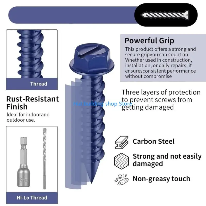 T21C 40Pcs Efficient Masonry Fasteners Hexagonal Head Concrete Screw Anchors with Drill Bit & Driver Stucco Screws Anchors