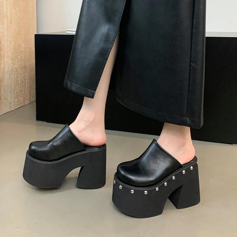 Shoes Rivet Low Woman\'s Slippers Platform Cover Toe Big Size Slides Heeled Mules 2024 High Rome Scandals Fabric PU Rubber Super