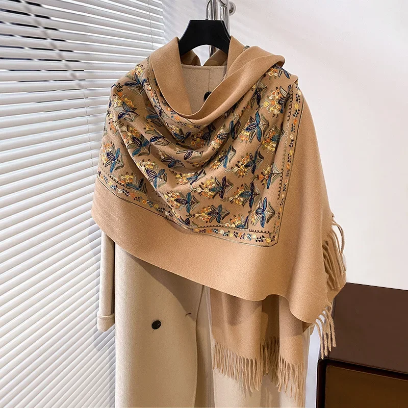 

New Brand Embroidery Cashmere Scarf Elegant Women Winter Thick Warm Neck Pashmina Paisley Fringe Scarves Lady Blanket Soft Shawl