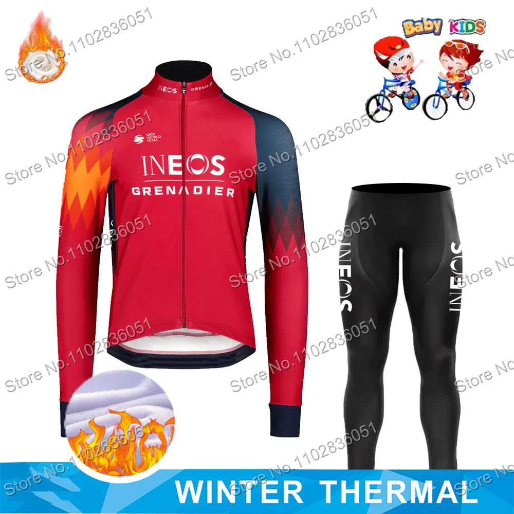 Kids Red Ineos Grenadier Team 2024 Cycling Jersey Set Winter Boys Girls Cycling Clothing Long Sleeve Bike Suit MTB Ropa