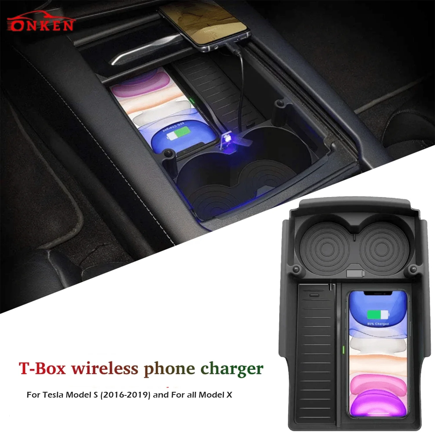 

Phone Wireless Charger Center Console Organizer Mobile Wireless Charging Tray/Cup Holder Storage Box for Tesla Model S Model X