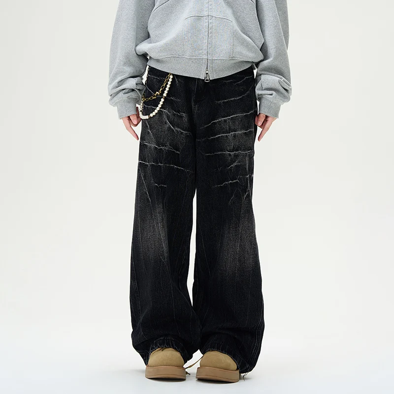 American High Street Vibe Washed Vintage Lightning Pattern Loose Wide Leg Jeans for Men Trendy Floor-Length plus Size Pants