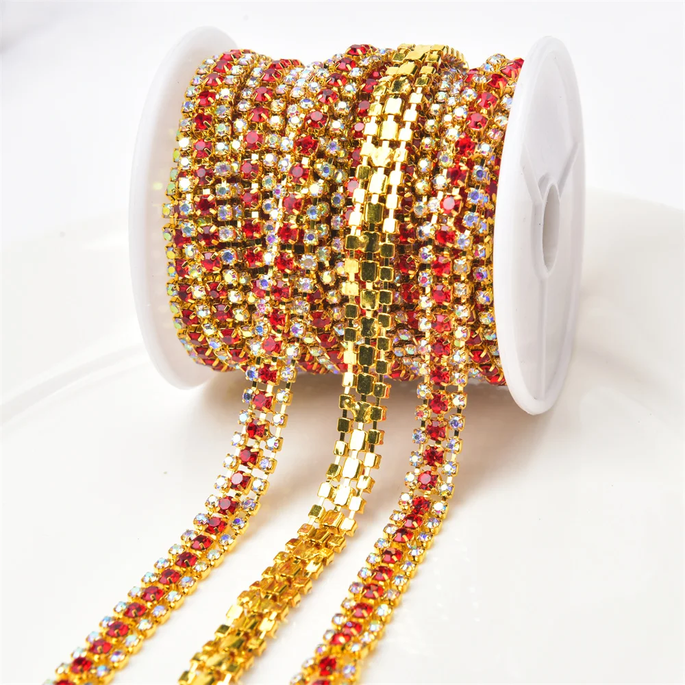 3 Rows Sewing Rhinestone Chain 2 Yards/Lot Shiny Color Crystal Diamond 9Mm Wide Gold Base Close Trimming Diy Wedding Dress Shoes