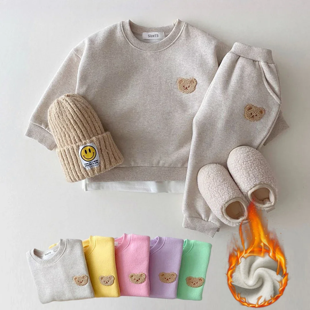 

"Korean Boys Winter Clothes: Bear Velvet Sweatshirt + Harem Pants - 2pcs Girls Fleece Outfits"