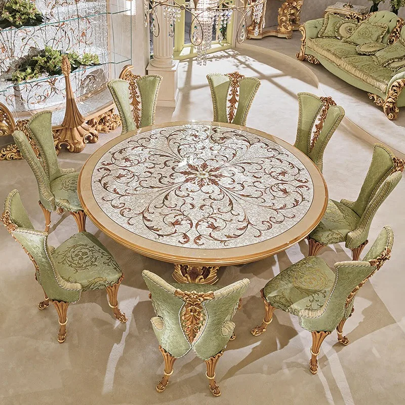 High End European Classical Round Dining Tables 8/10 Chairs Royal Villa Elegant Handmade Inlaid Dining Table Set Luxury