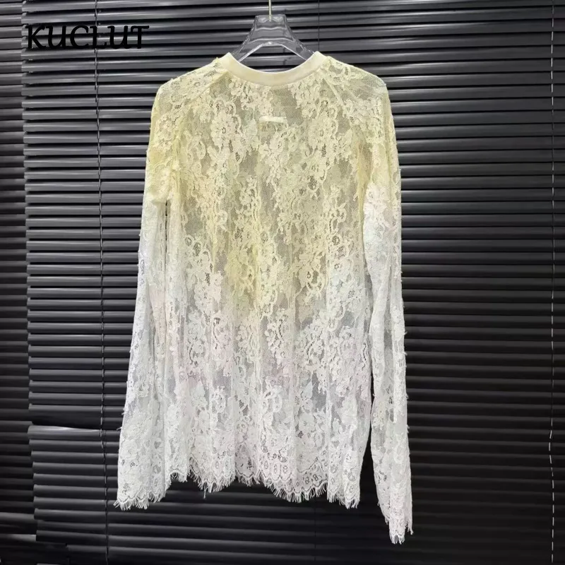 

KUCLUT Fashion New Items Niche Gradient Design Lace T-Shirts For Women Versatile Casual O-neck Loose Mid-Length Tops 1A339