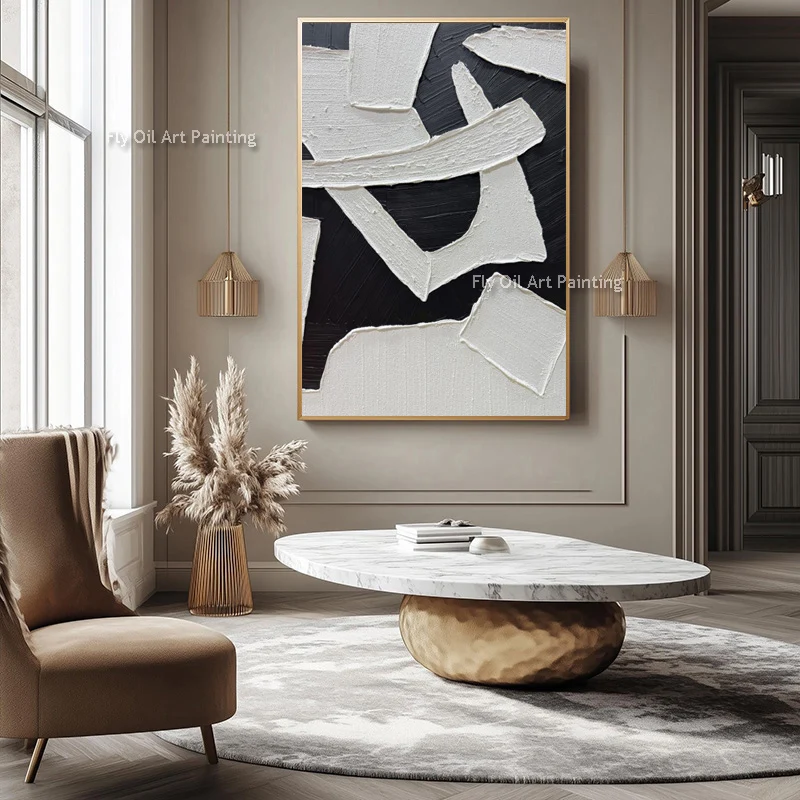 Simple Artwork Black White Abstract Canvas Oil Painting New Home Wall Art Items Handpainted Simple Grey White Wave Artwork For D