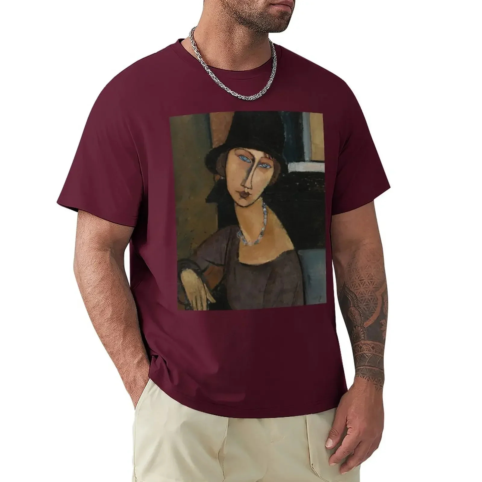 Vintage Jeanne Hebuterneau chapeauAmedeo Modigliani 1917 T-Shirt funnys for a boy Men's cotton t-shirt Short Sleeve Round Collar