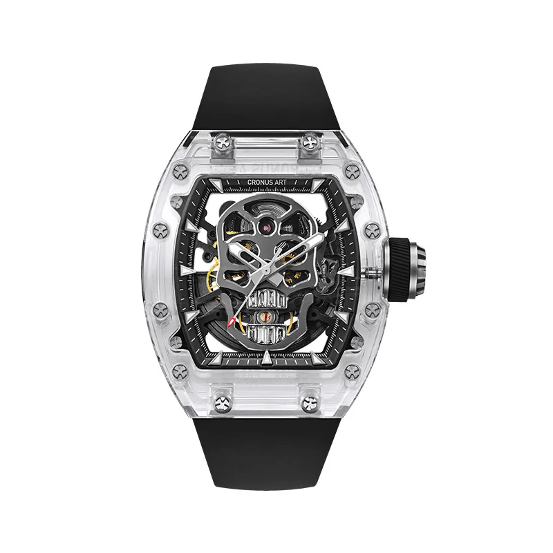 CRONUSART Men Automatic Watch 50mm*42mm Luxury Tonneau Mechanical Wristwatch Sapphire Case Luminou Fluororubber Strap Skull Dial